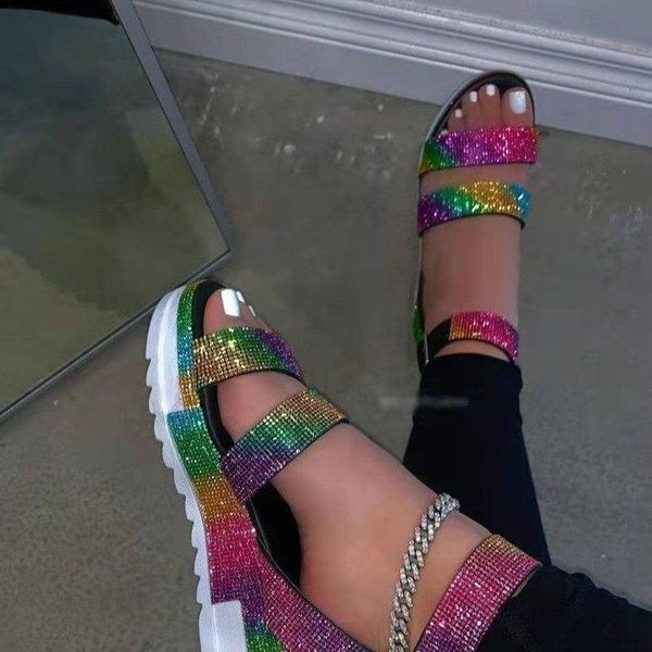 

sandals summer women crystal casual outdoor shoes woman flats buckle strap ladies fashion beach shoe big size 36-43, Black