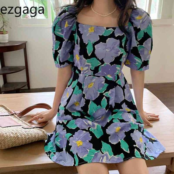 

ezgaga vintage floral dress women korean fashion square collar puff short sleeve summer new casual slim high waist dresses chic 210430, Black;gray
