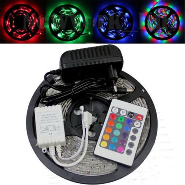 

eu/us plug 3528 smd rgb led strip 300 flexible light waterproof ip65 dimmable lamp+24 key ir+12v 2a power supply strips