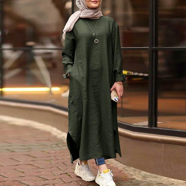 

casual dresses fashion women retro long sleeve dress solid colors round neck hijab arabian muslim maxi vestidos robe musulman#g3, Black;gray