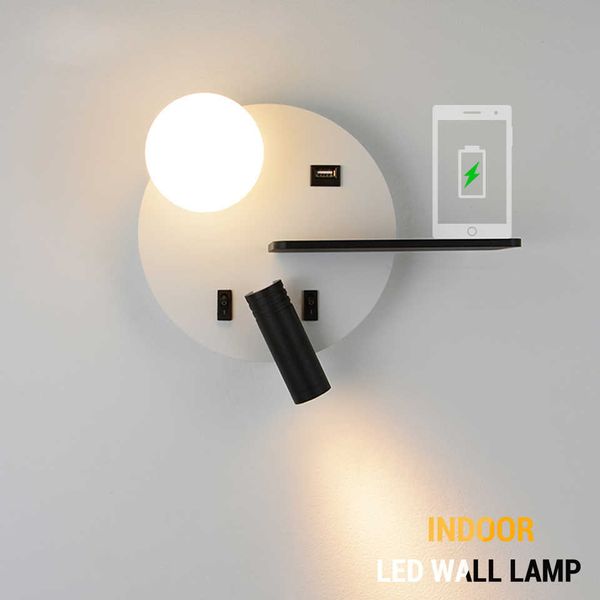 Luz da parede do diodo emissor de luz com a lâmpada interna da parede da cabeceira da iluminação interna do quarto com a leitura do diodo emissor de luz USB Sconce da parede da bola de cristal Luminaria 210724