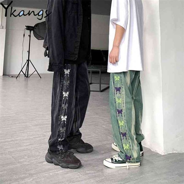 

hip hop streetwear jeans woman straight elastic high waist denim butterfly pattern print wide leg punk harajuku jeans for women 210322, Blue