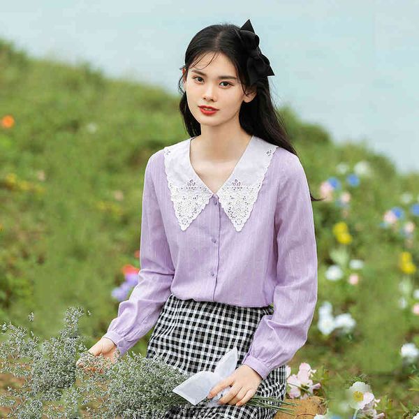 

blouses spring arrival women's peter pan neck long sleeve vertical stripe shirt embroidered jacquard versatile 7o1k, White