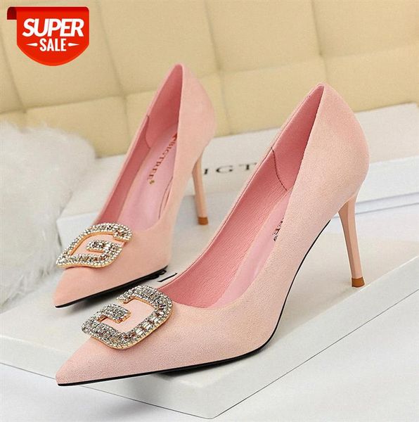 

963-2 korean fashion banquet women's shoes stiletto suede shallow pointed high-heeled metal rhinestone buckle single #fi1e
