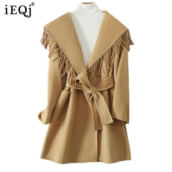 

women's wool & blends ieqj arrival 2021 autumn winter solid color tassel double-sided tweed coat lace up loose fashionable 3t1020, Black