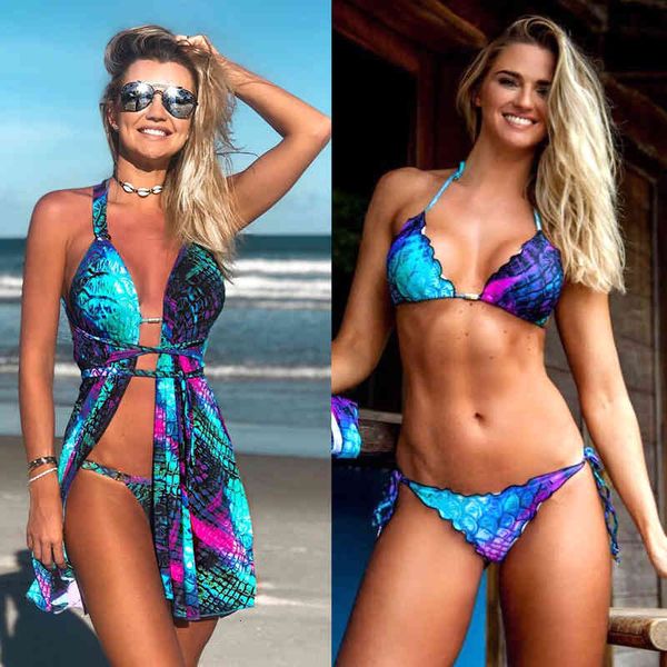 

gradual summer wear women's change fish scale printing hanging neck bikini three piece split swimming suit, Black;white