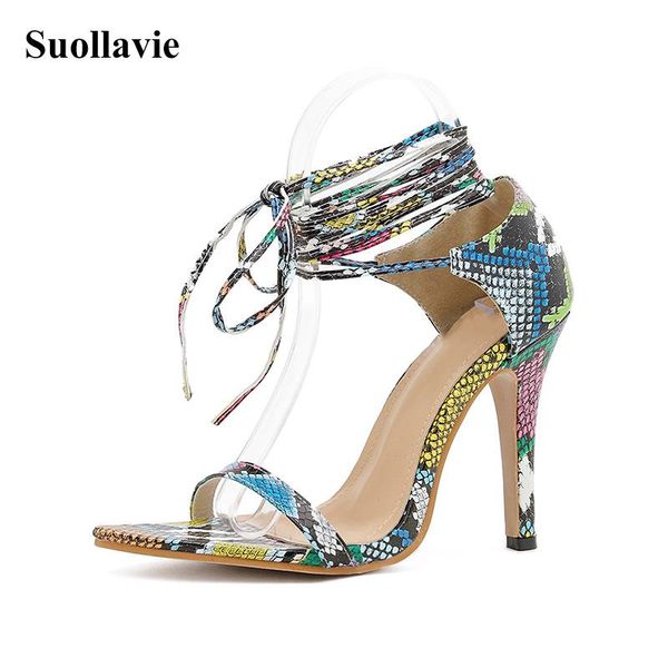 

dress shoes suollavie 2021 summer snake print ladies sandals lace up women foot ring strap female narrow band heels, Black