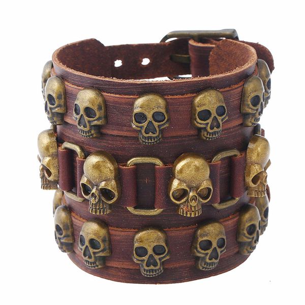 

bangles bracelet punk men's wide leather exaggerated alloy skull cowhide multilayer, Black