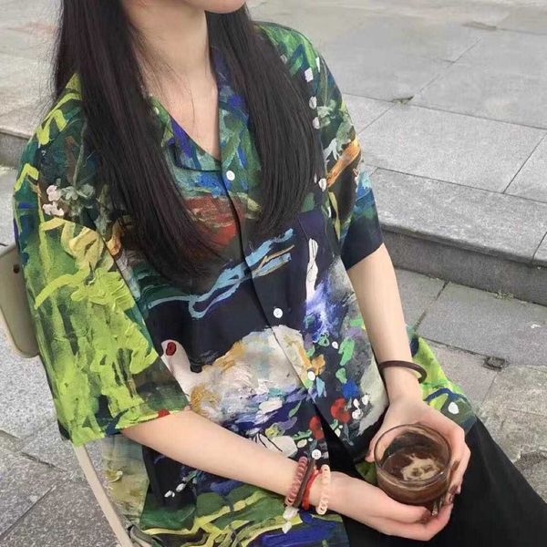 

illustrators' joint name: japanese fashion niche note: limited oil painting style short sleeve shirt for men and womenn8mf, White