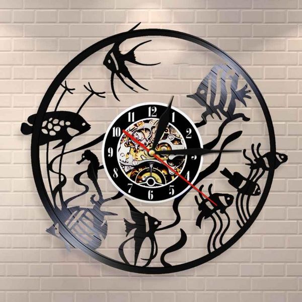 

modern design record wall clock goldfish art minimal home decor nursery aquarium decorative watch clocks