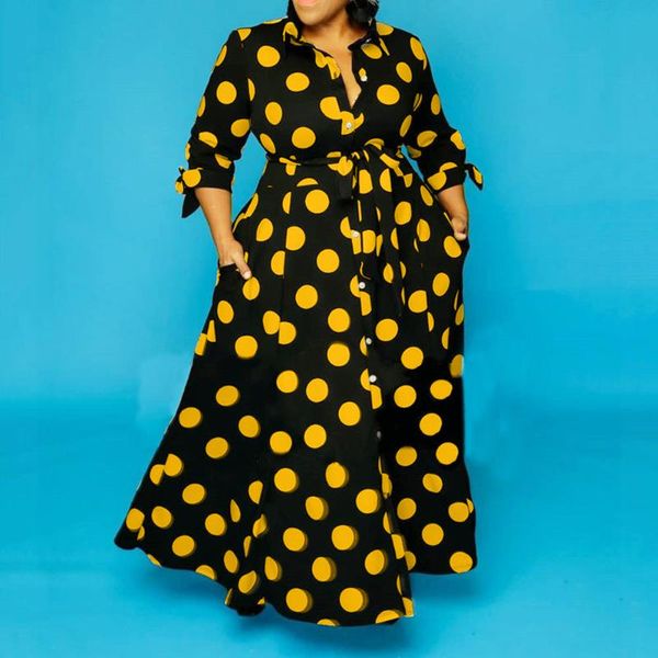 

women yellow polka dot printed dresses vintage retro with sashes plus size ladies african fashion female high waist summer robes casual, Black;gray