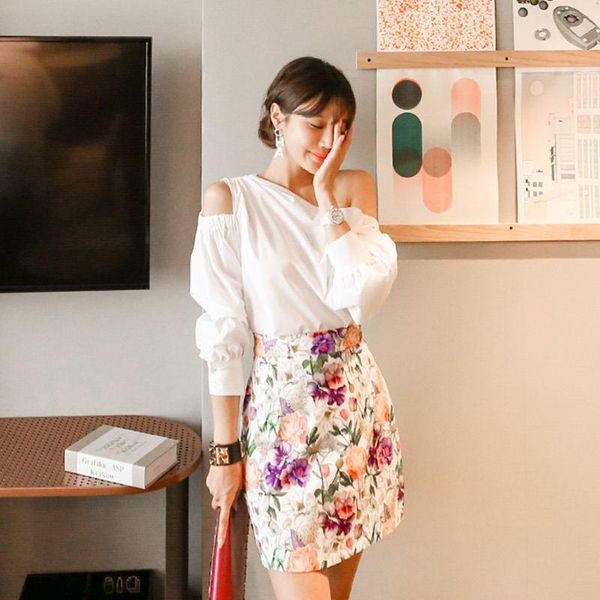 

two piece dress summer hollow out off shoulder white shirt blouses and elegant high waist print sheath bodycon skirts 2 pieces set
