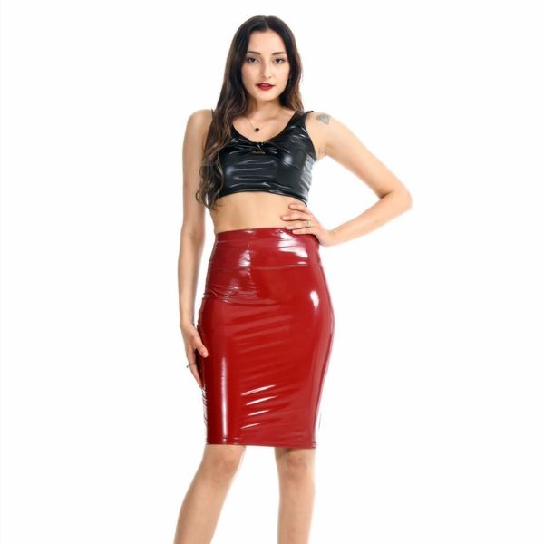 Plus Size Voltar Vermelho Marinha Mulheres Sexy Saia Bodycon Clubwear Saia Cintura Alta PU Saia De Couro Vintage Longo Lápis Saias X0428