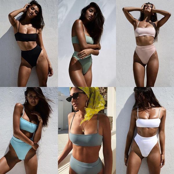 

two-piece suits 22 color amazon 2021 style european and american sling high waist solid split bikini swimsuit women