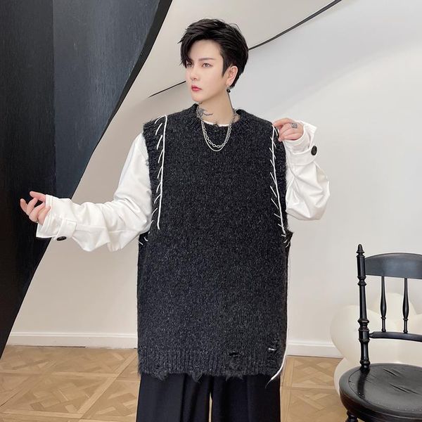

men's vests 2021 autumn knitted hole pullover vest streetwear hip hop vintage loose sleeveless sweater waistcoat women, Black;white