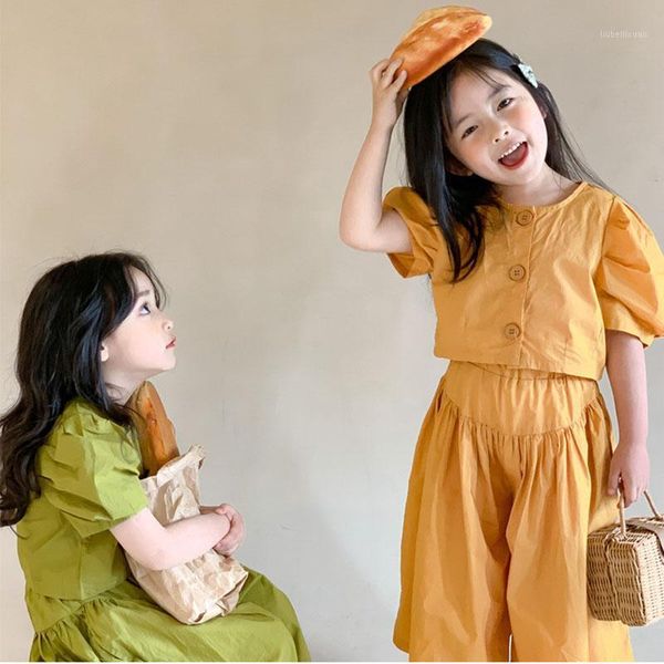 

clothing sets 2021 summer girls clothes suit solid tees and loose plant 2pcs puff sleeve set korean children1, White