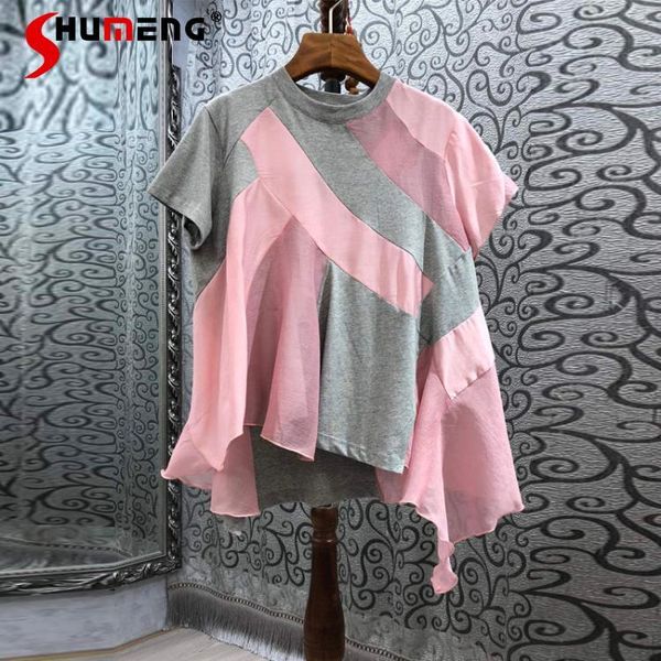 

women's t-shirt personality contrast color irregular chiffon patchwork short sleeve t shirt women with camisole two-piece set lady tsh, White
