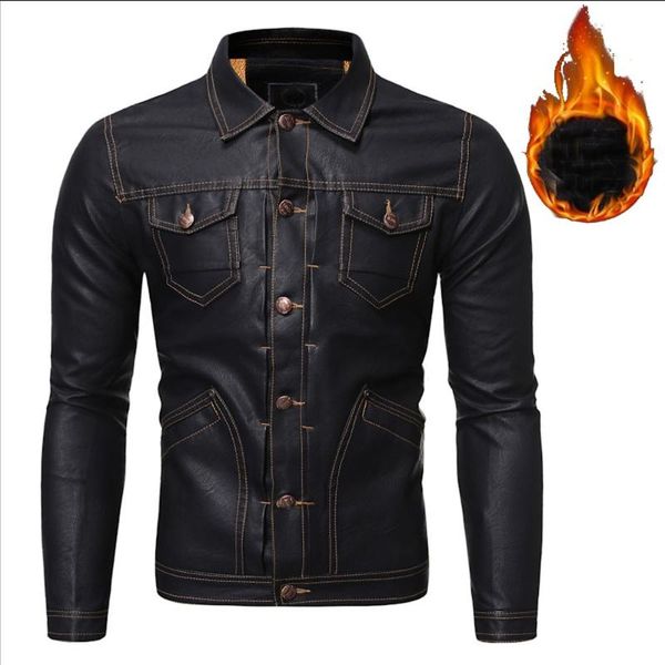 

men's fur & faux retro pu fashion slim multi-pocket leather jacket plus velvet motorcycle warm outdoor coat, Black