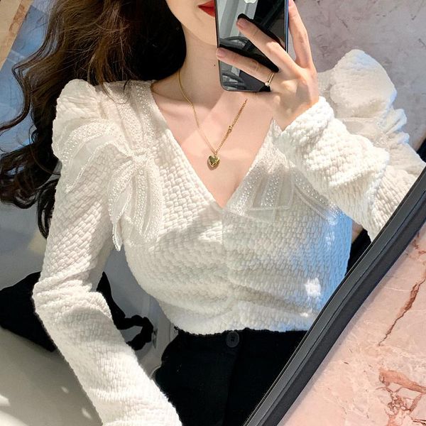 

women's blouses & shirts chemisier white blouse women spring 2021 bowknot long sleeve slim shirt female v neck puff