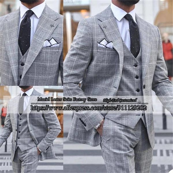 

men's suits & blazers grey pliad men business custom made 3 peices peaked lapel jacket+vest+pants slim fit prom dinner terno masculino, White;black