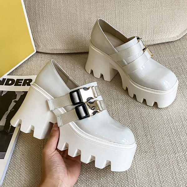 

high platform buckle straps patent leather women pumps square toe super heels shoes spring casual ankle boots dress, Black