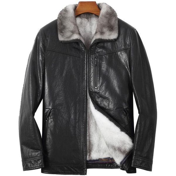 

men's leather & faux high-end fur coat 2021 winter cowhide jacket warm thick cross mink collar liner jaquetas gmm522, Black