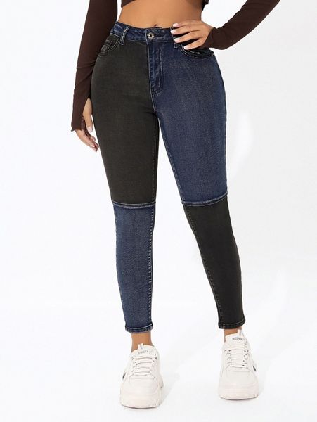 

petite color block skinny jeans 23la#, Blue