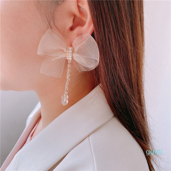 

charm korean fashion ear accessories silver needle chiffon bow spring and summer temperament crystal tassel earrings, Golden