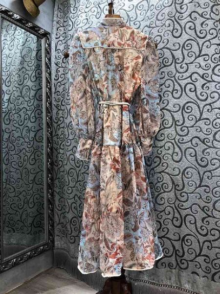 

capris 2021 spring women stand neck vintage print tunic buttons front tassel belt deco long maxi boho, Black;gray