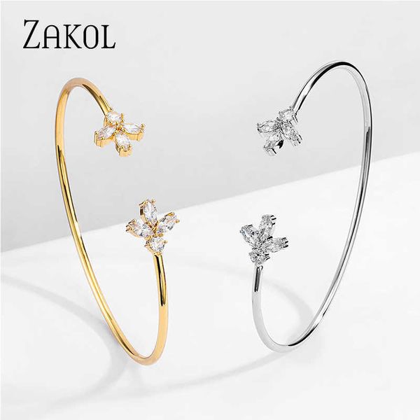 

zakol trendy exquisite rose gold marquise cut cubic zircon crystal cuff bangles for women dress jewelry accessories fsbp2190 q0719, Black