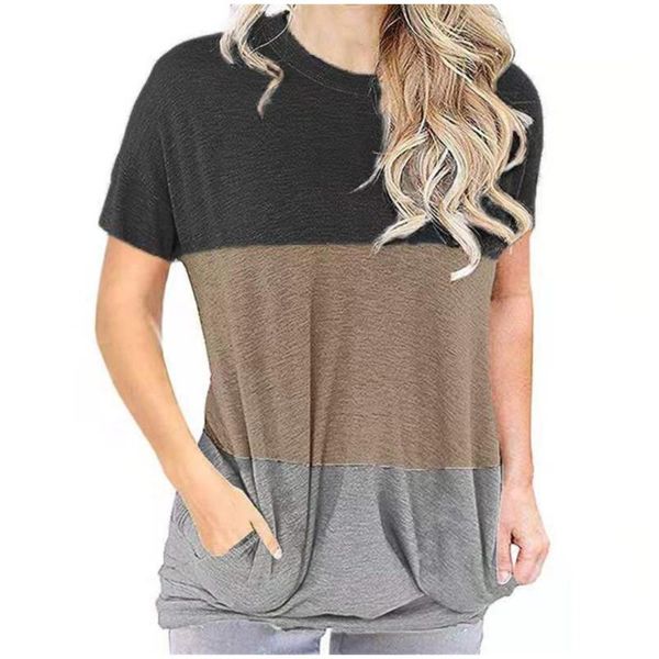 

women's t-shirt spring and summer tshirt european american color matching round neck loose bat short sleeve pocket, White