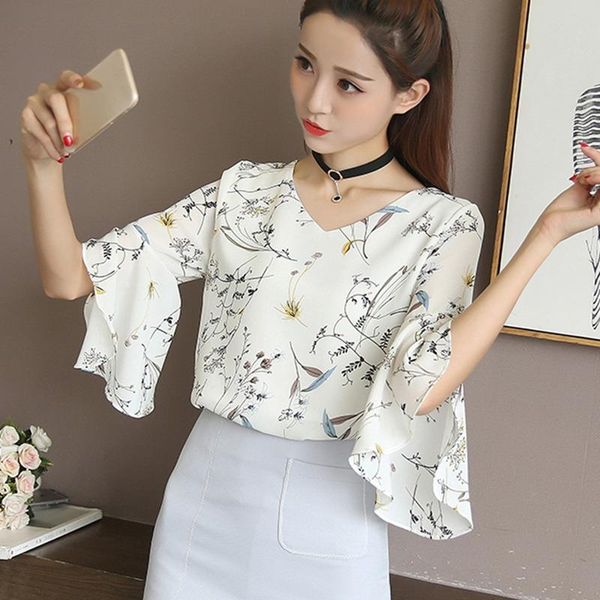 

women floral print blouse v neck shirt flare sleeve chiffon blouse casual top, White