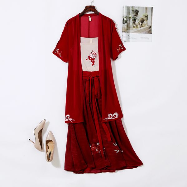 

dress chinese style simply three embroidery enhanced vintage hanfu female long red, Black;gray
