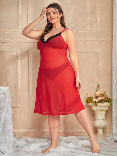 

plus lace trim sheer mesh slip dress 61uj#, Black;white