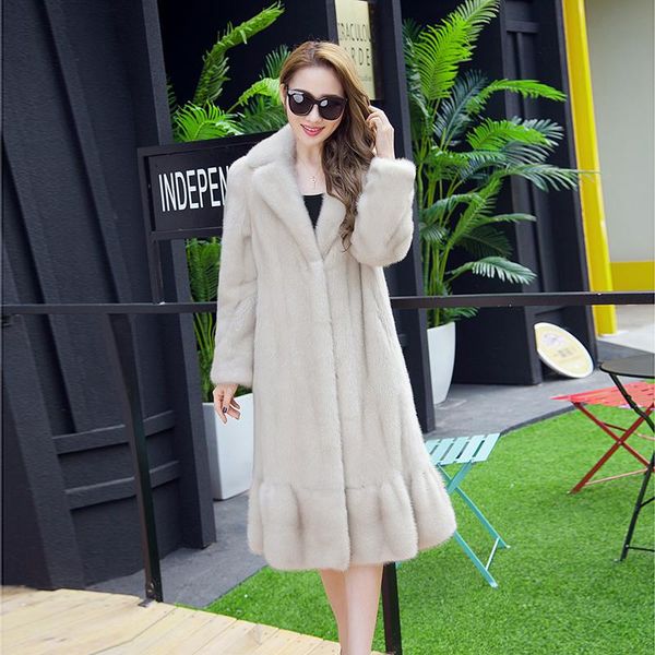 

women's fur & faux 2021 winter woman fashion real mink with turn down collar and ruched long coat, Black