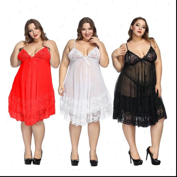 

6xl plus lingerie womens sleepwears sling nightgown lace bowknot nightwear mesh babydoll night dress set, Black;red