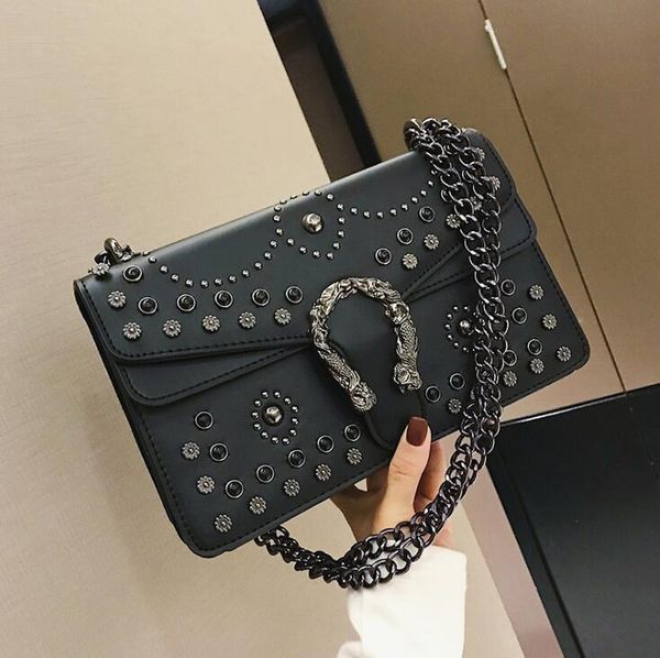 

factory wholesale women handbag street trend embossed shoulder bags cool rivet womens chain bag leather fashion handbags, Black;red