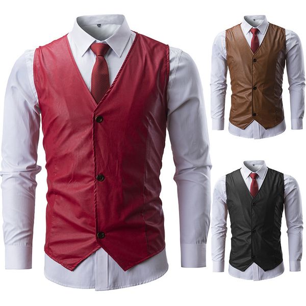 

fashion vest spring style men's simple solid color single breasted leather european casual, Black;white