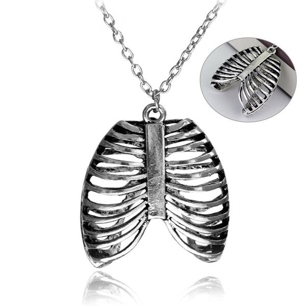 

anatomy anatomical human body chest necklace skeleton pendant fashion vintage biology jewelry men necklaces, Silver