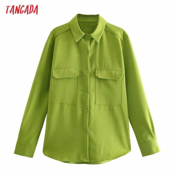 

tangada women vintage solid green loose shirt long sleeve pocket chic female high street shirt 4m151 210609, White