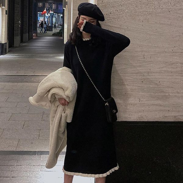 

women's sweaters ruffles knitted dress sweater pullovers korean kawaii long midi black loose vintage cashmere elegant outwear autumn x6, White;black