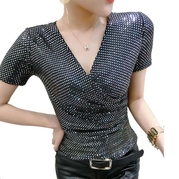 

summer cross v-neck shiny sequined t shirt slim streetwear short-sleeved women plus size women's t-shirt, White