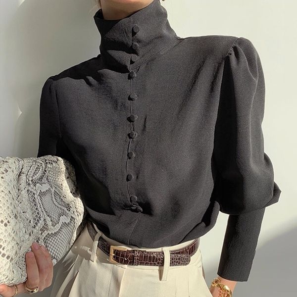

[ewq] 2021 spring women new casual blouse turtle neck long-sleeved lantern single breasted sleeve minimalist loose shirt 8q890 210317, White