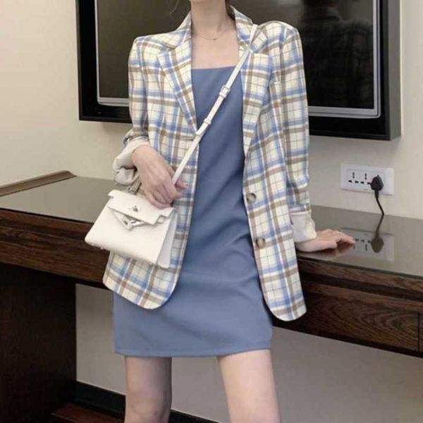 

spring 2021 korean fashion versatile casual loose british plaid temperament suit women's coat, Black;gray