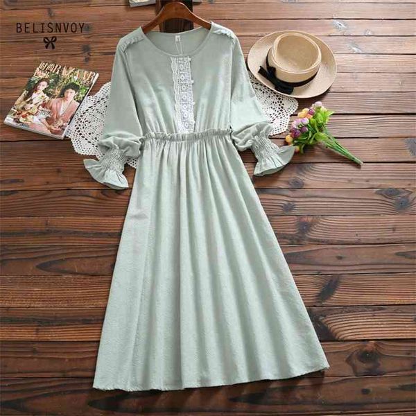 Mori mädchen herbst frühling a-line frauen kleid oansatz blau grün midi elegante langarm rüschen häkeln vintage vestido 210520