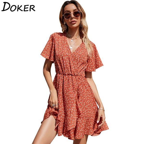 

summer floral mini dresses for women fashion ruffles v neck short sleeve plus size female casual beach chiffon dress 210423, Black;gray