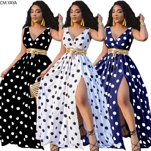 

cm.yaya club night party beach dot print women sleeveless high waist v-neck high split maxi dress active wear long dress 210719, White;black