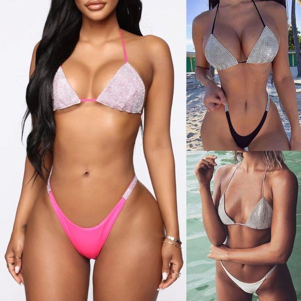 

one-piece suits women two piece bikini set luxury shimmer rhinestone halter bra swimsuit low rise triangle bottoms push up bandage bath
