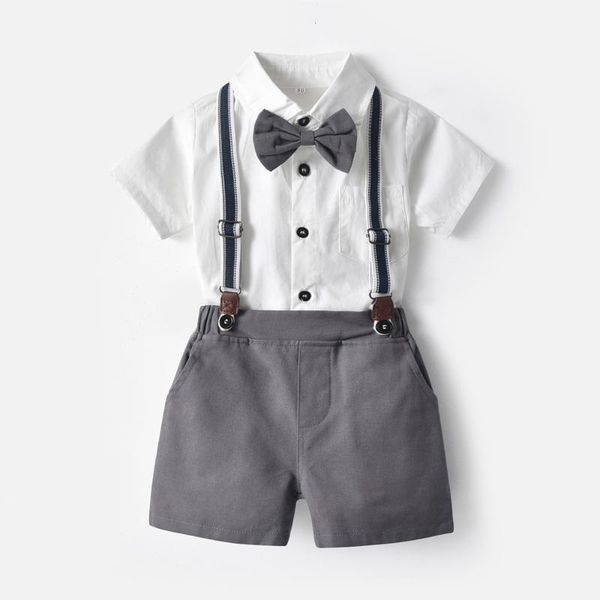 

clothing sets tem doger 2021 summer fashion boys toddler gentleman set bowtie short sleeve shirt+suspenders shorts kid cloth, White
