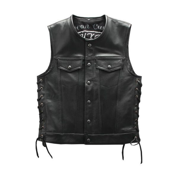 

men's vests real collarless motorcycle vest cowhide genuine leather sleeveless jackets adjustable rope, Black;white